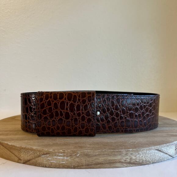Omega Vintage 90s Brown Snake Skin Genuine Leather Wide Wrap Belt Size Medium - Picture 8 of 8